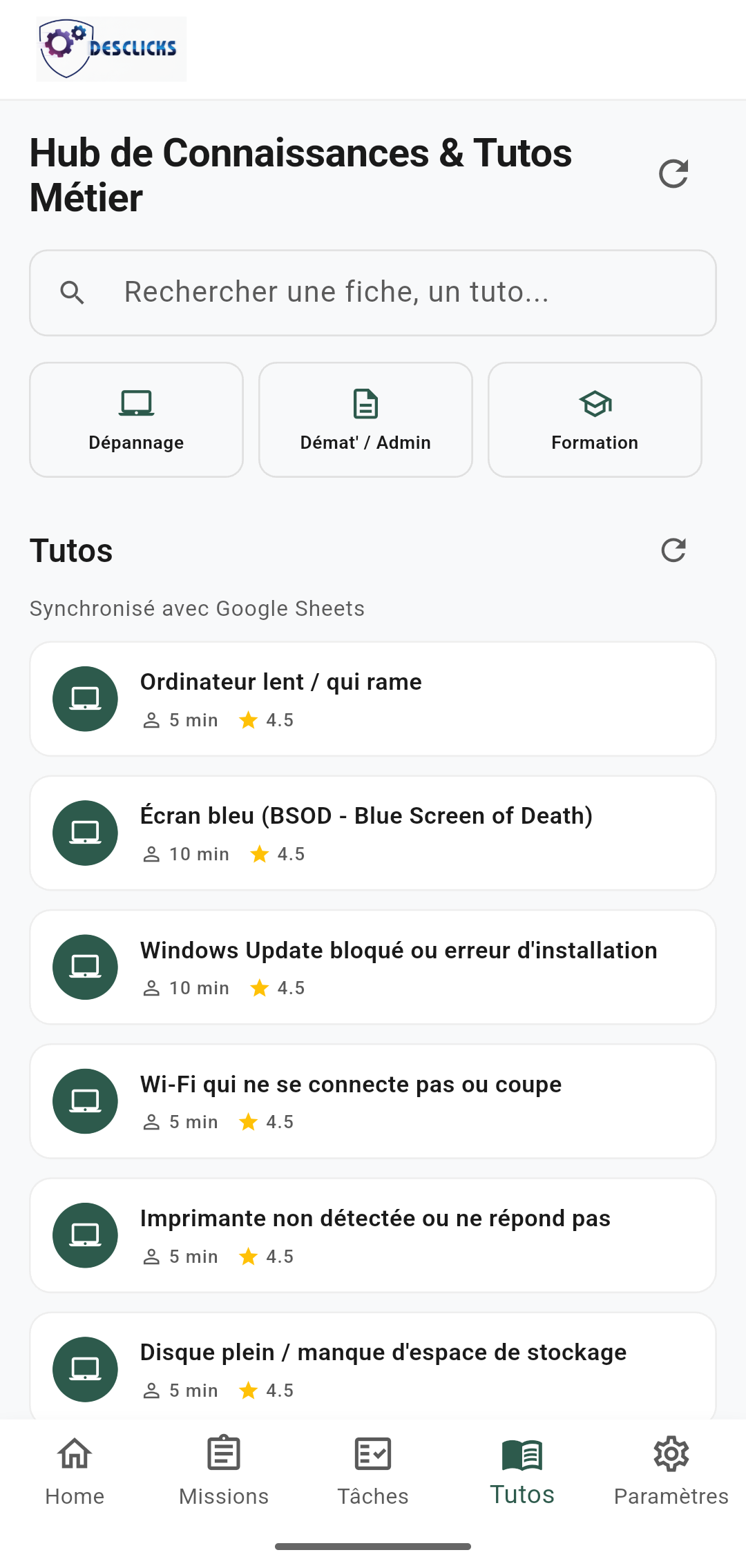 Hub de connaissances et tutoriels métier de l'application Mon Assistant, synchronisé avec Google Sheets
